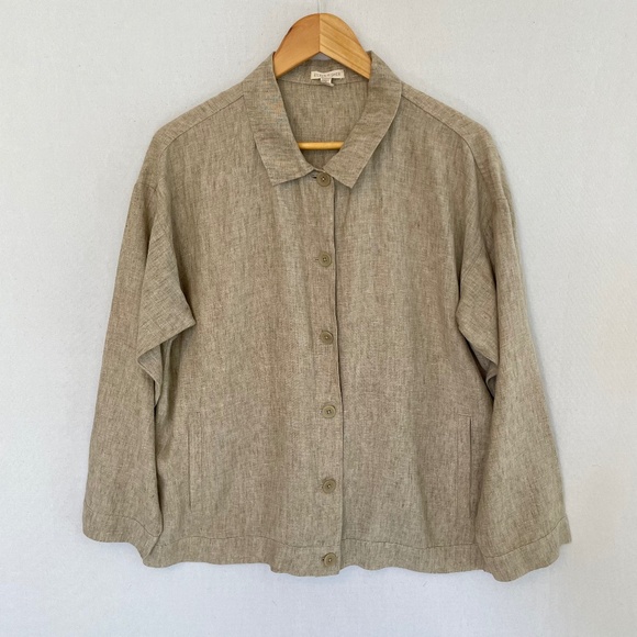 EILEEN FISHER Size Large Tan Washed 100% Organic Linen Delave JacketPockets